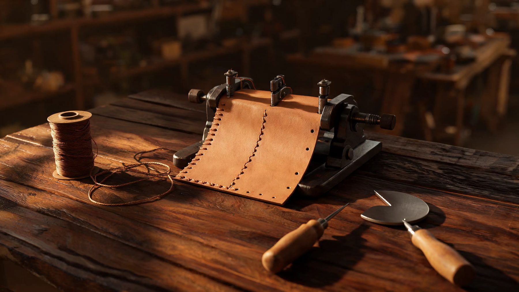 Workshop bench with a half-stitched panel in a clamp, waxed thread and a round knife